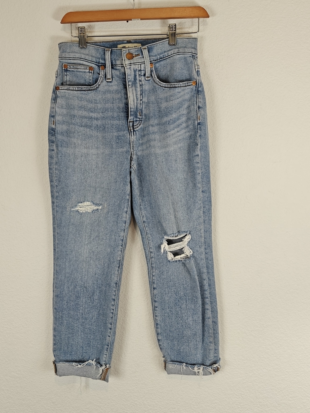 Madewell The Mom Jean 25 Petite High Rise Distressed Cropped Denim Jeans